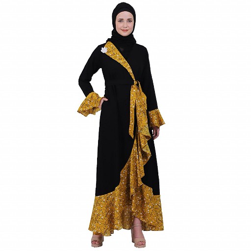 Designer abaya with  printed frills- Black-Mustard